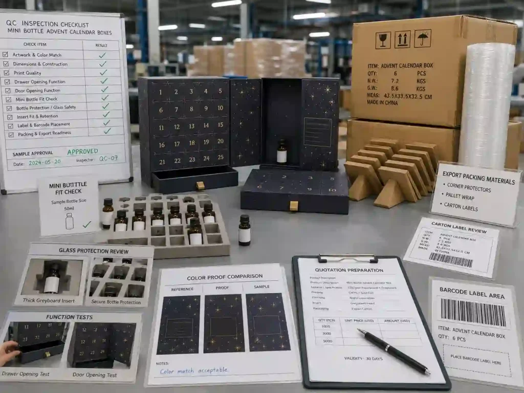 QC export packing and quotation preparation for mini bottle advent calendar boxes