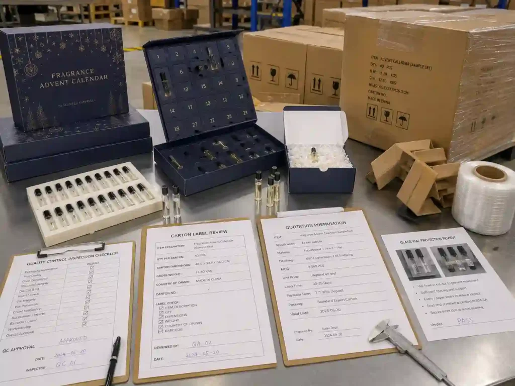 QC and export packing review for perfume sample advent calendar boxes with cartons, shipping marks, and inspection checklist