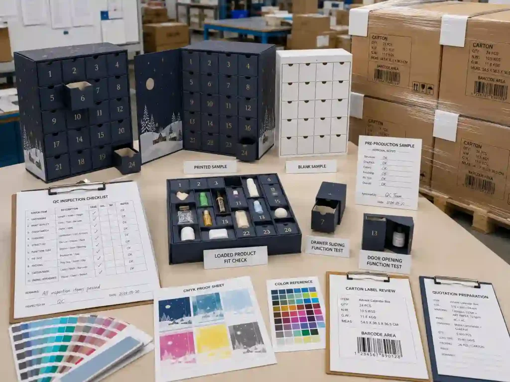 Retail advent calendar box QC export packing and quotation preparation scene