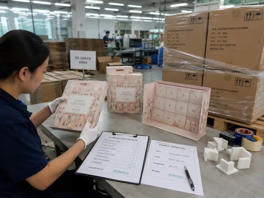 QC checklist export cartons and pallet packing for skincare advent calendar boxes