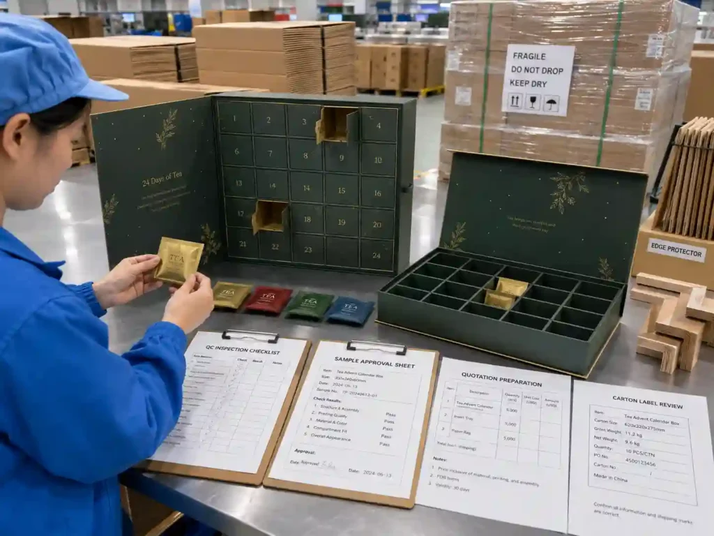 QC and export packing review for tea advent calendar boxes with inspection checklist, cartons, pallet wrap, and quote documents