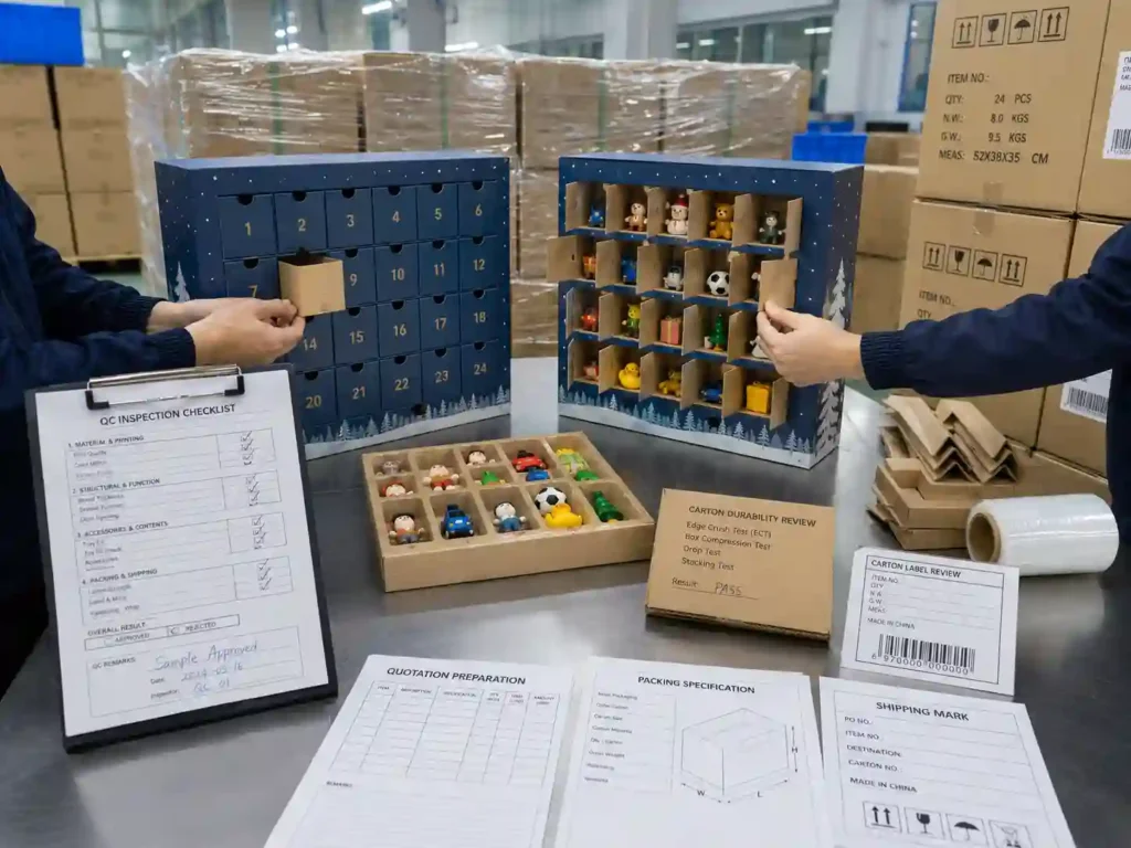 QC and export packing review for toy advent calendar boxes with inspection checklist and shipping cartons