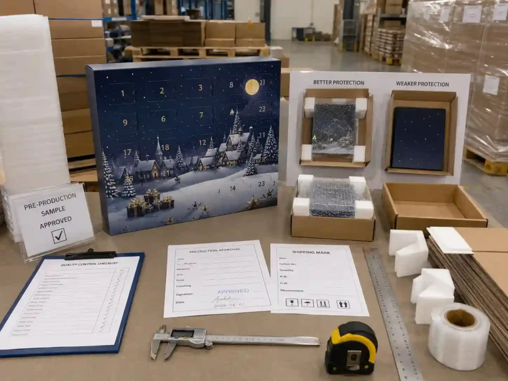 Quality control and export packing inspection for durable custom advent calendar box production.