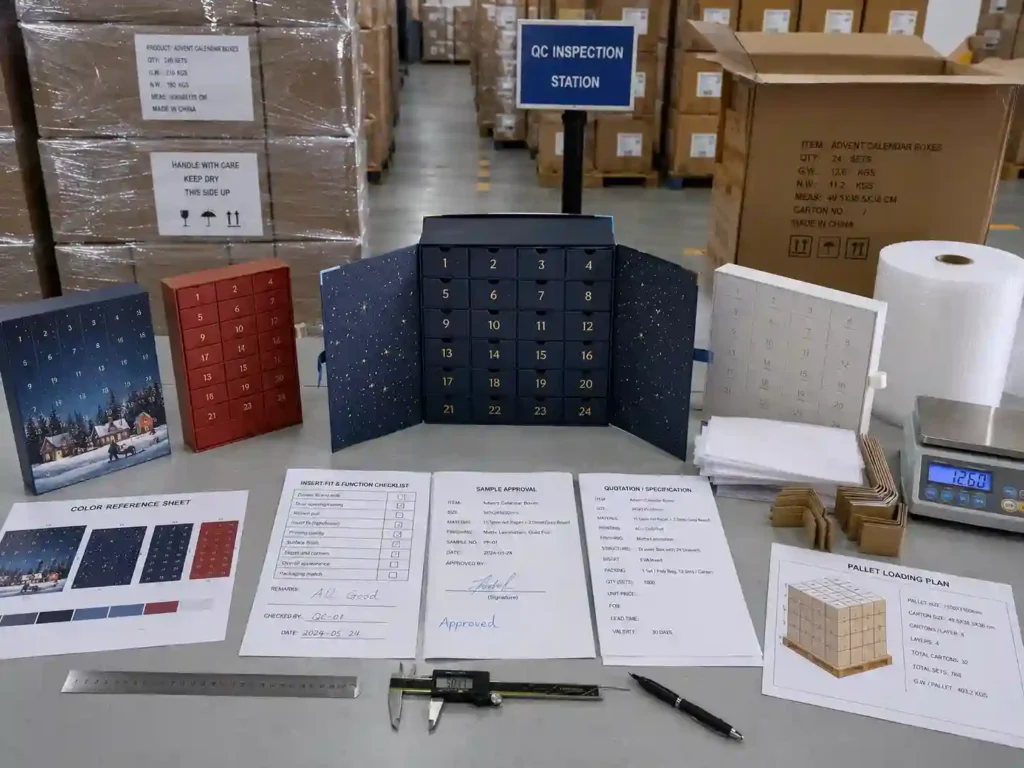 QC inspection and export packing review for an approved custom advent calendar box sample