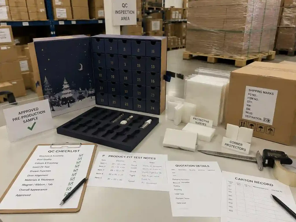 QC and export packing inspection for fragile products advent calendar boxes