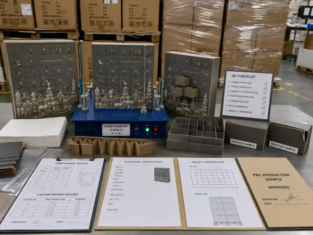 Advent calendar box quality control and reinforced export packing inspection