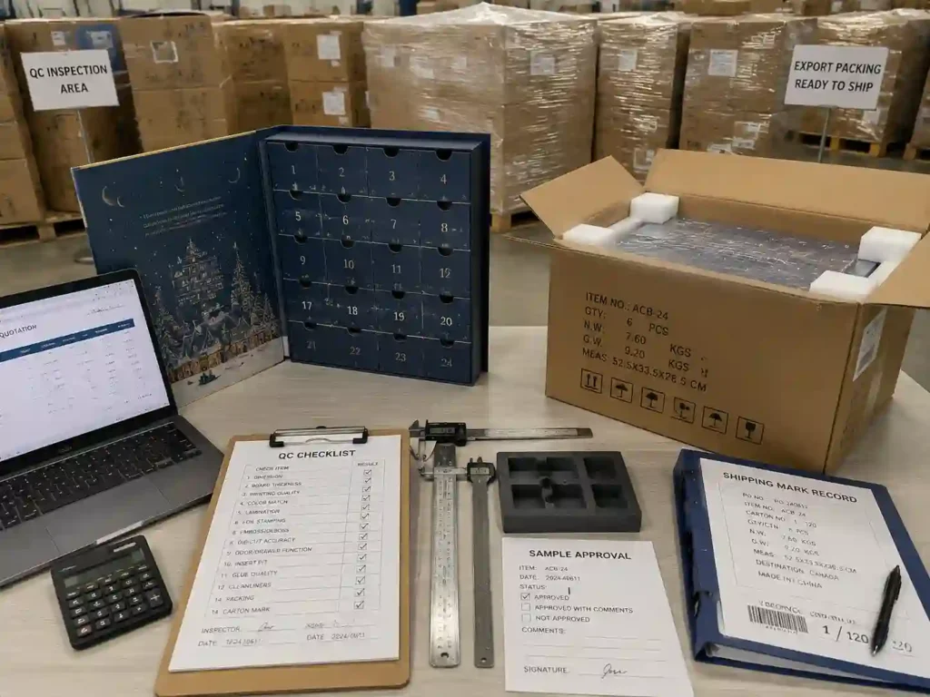 QC inspection and export packing preparation for advent calendar boxes shipped to Canadian gift companies