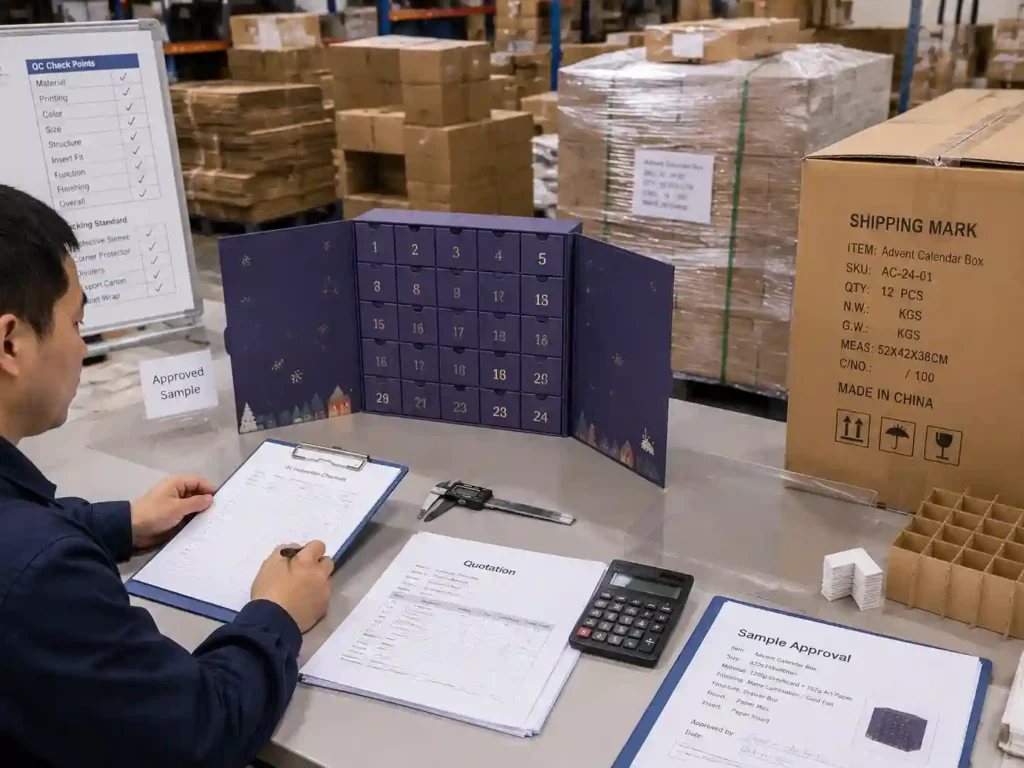 QC and export packing verification process for advent calendar box manufacturer selection