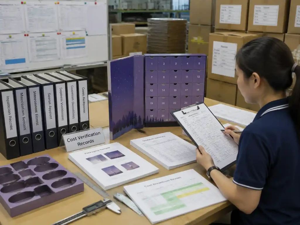 Quality control staff verifying advent calendar box specifications, measurements, samples, and supplier cost records.
