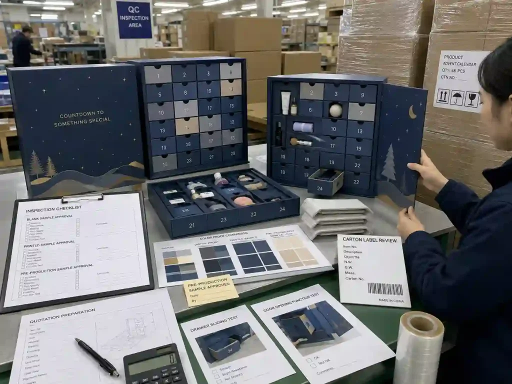 QC and export packing setup for influencer gift advent calendar boxes with inspection checklist, cartons, pallet wrap, and quotation documents.