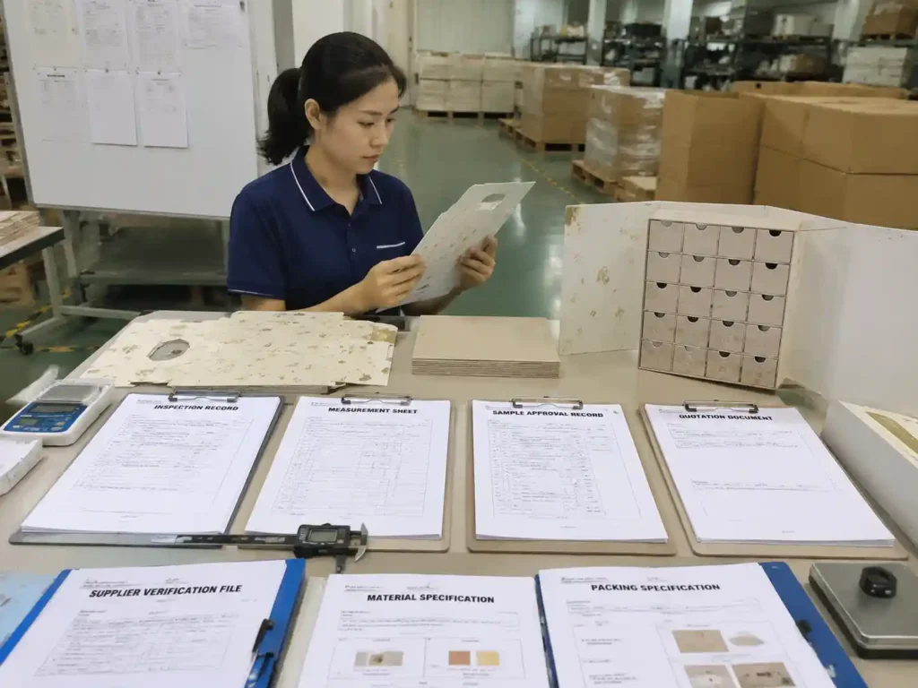 QC staff verifying packaging measurements and quotation documents for flat-pack advent calendar production