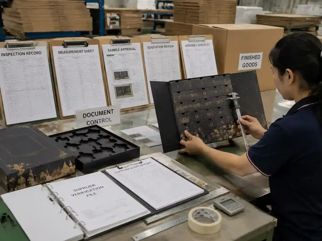 QC staff reviewing assembled advent calendar inspection records and quotation verification documents