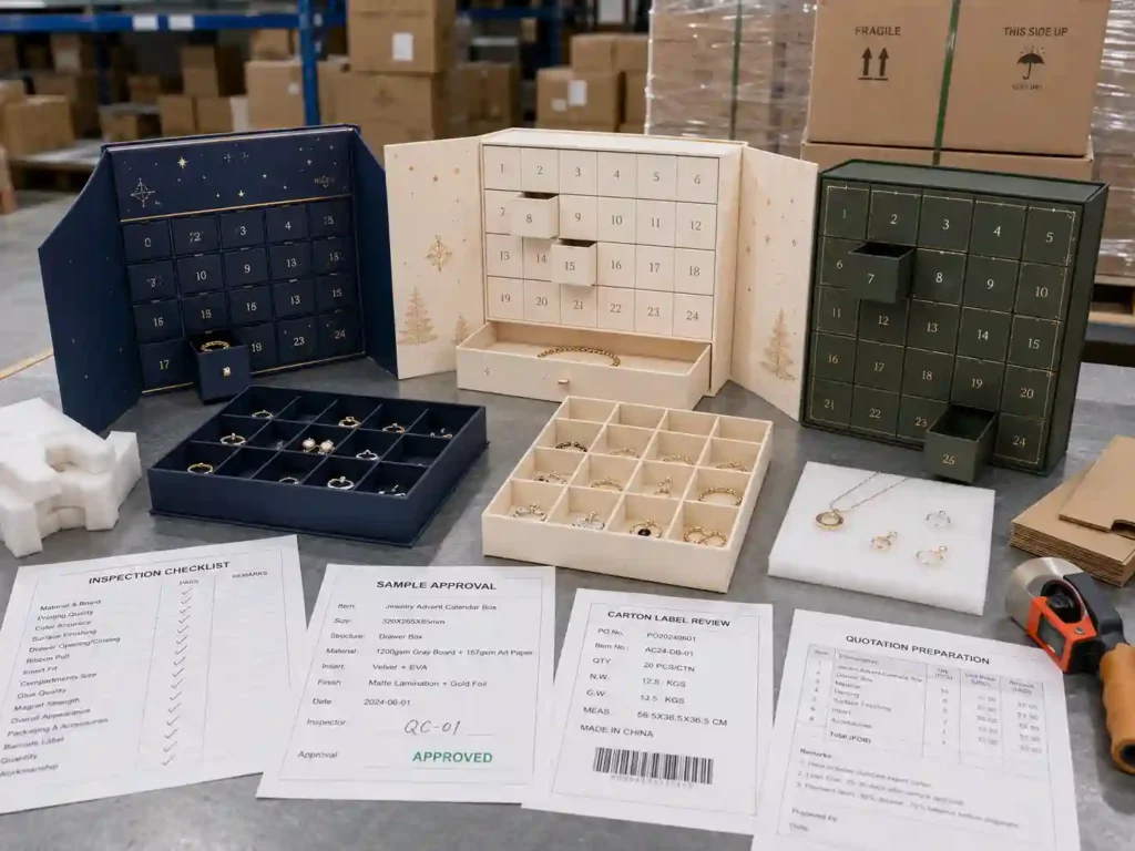 QC and export packing review for jewelry advent calendar boxes with inspection checklist, cartons, pallet wrap, and quote documents