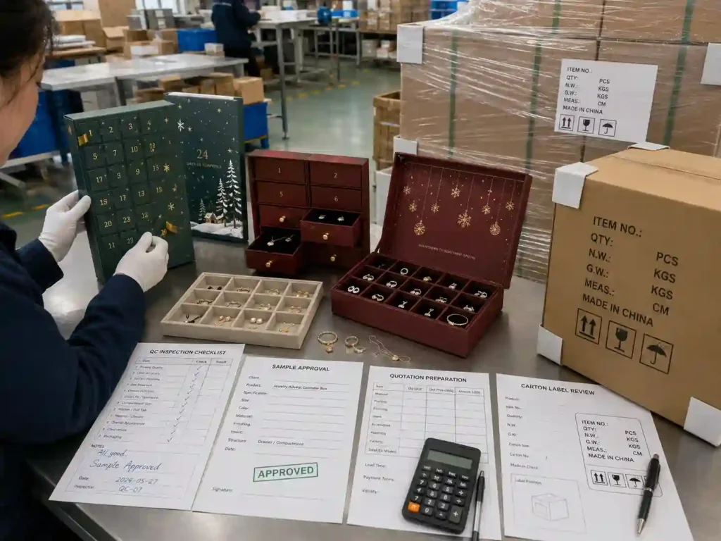 Quality control and export packing review for jewelry advent calendar boxes with inspection checklist, cartons, labels, and pallet wrap