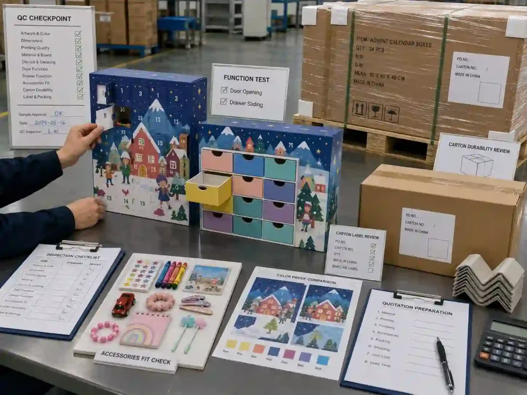 QC and export packing review for kids advent calendar boxes with inspection checklist, cartons, pallet wrap, and quotation documents