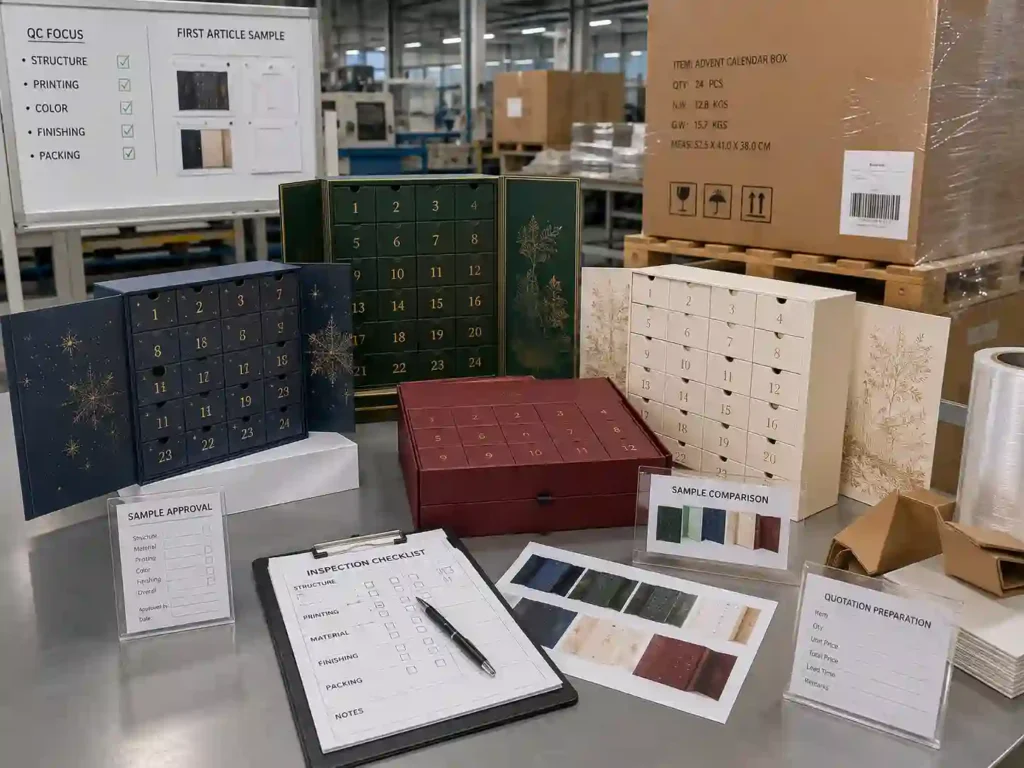 QC and export packing process for luxury advent calendar boxes with inspection documents and shipping preparation.
