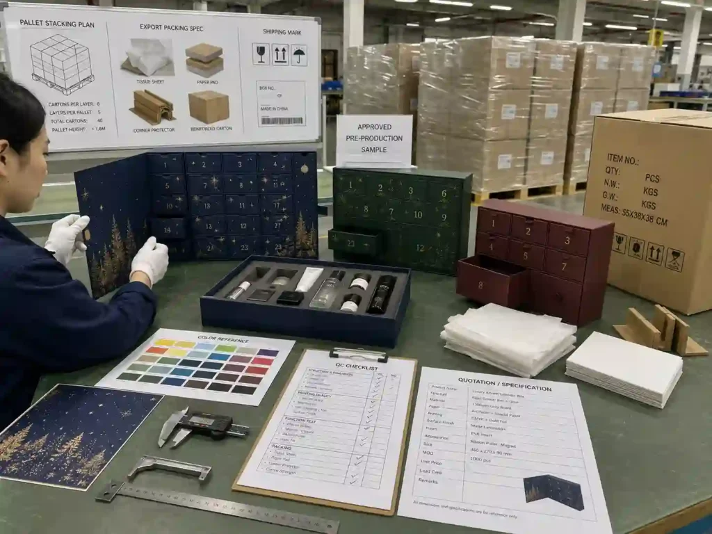 Quality inspection, export cartons, protective packing, pallet planning, and quotation preparation for luxury advent calendars