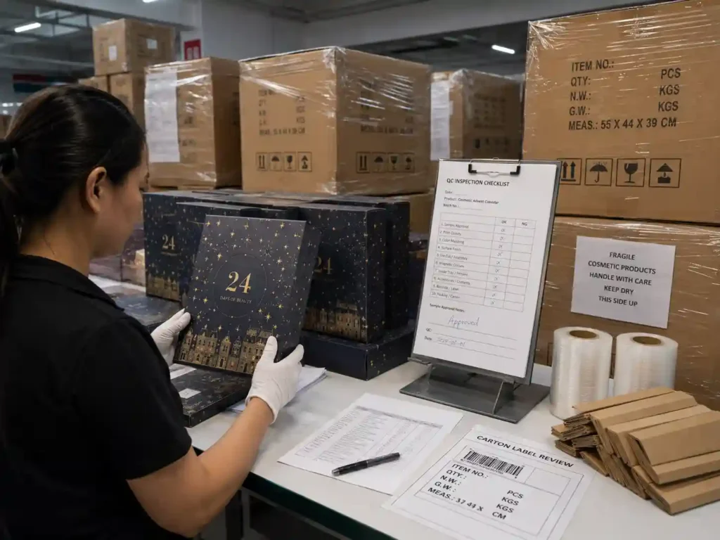 QC and export packing inspection for makeup advent calendar boxes with cartons, pallet wrap, and sample approval notes