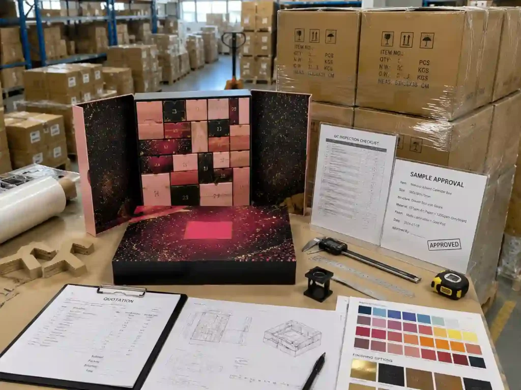 Quality control and export packing preparation for makeup advent calendar boxes with cartons and inspection checklist