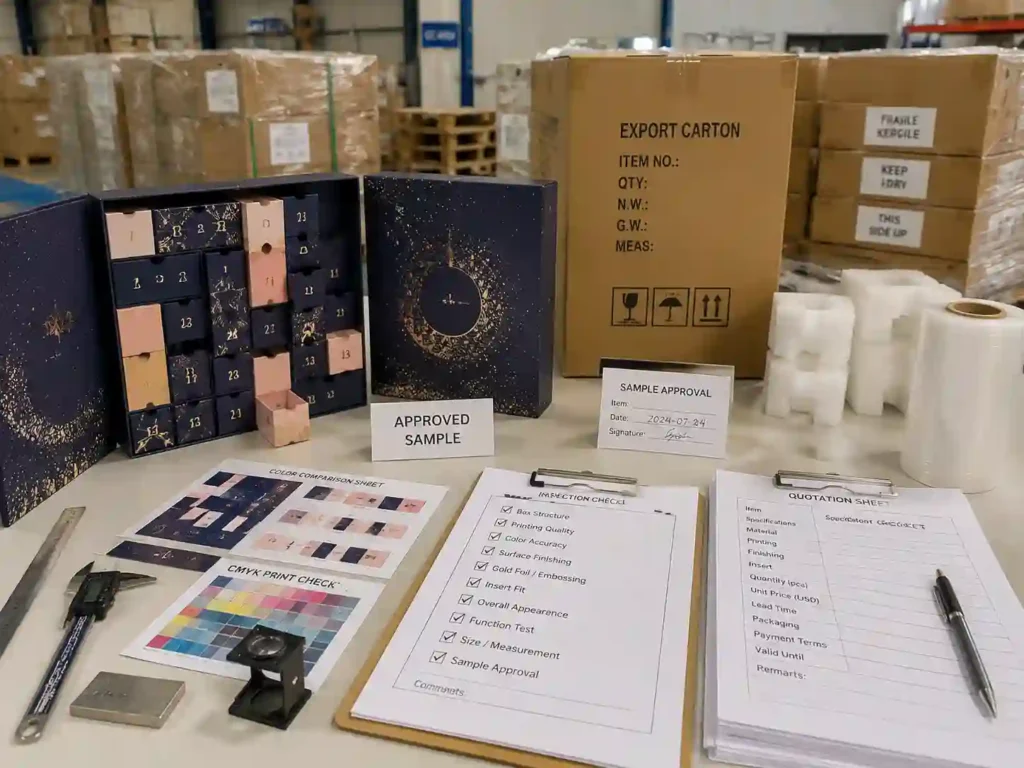QC inspection and export packing preparation for printed makeup advent calendar boxes