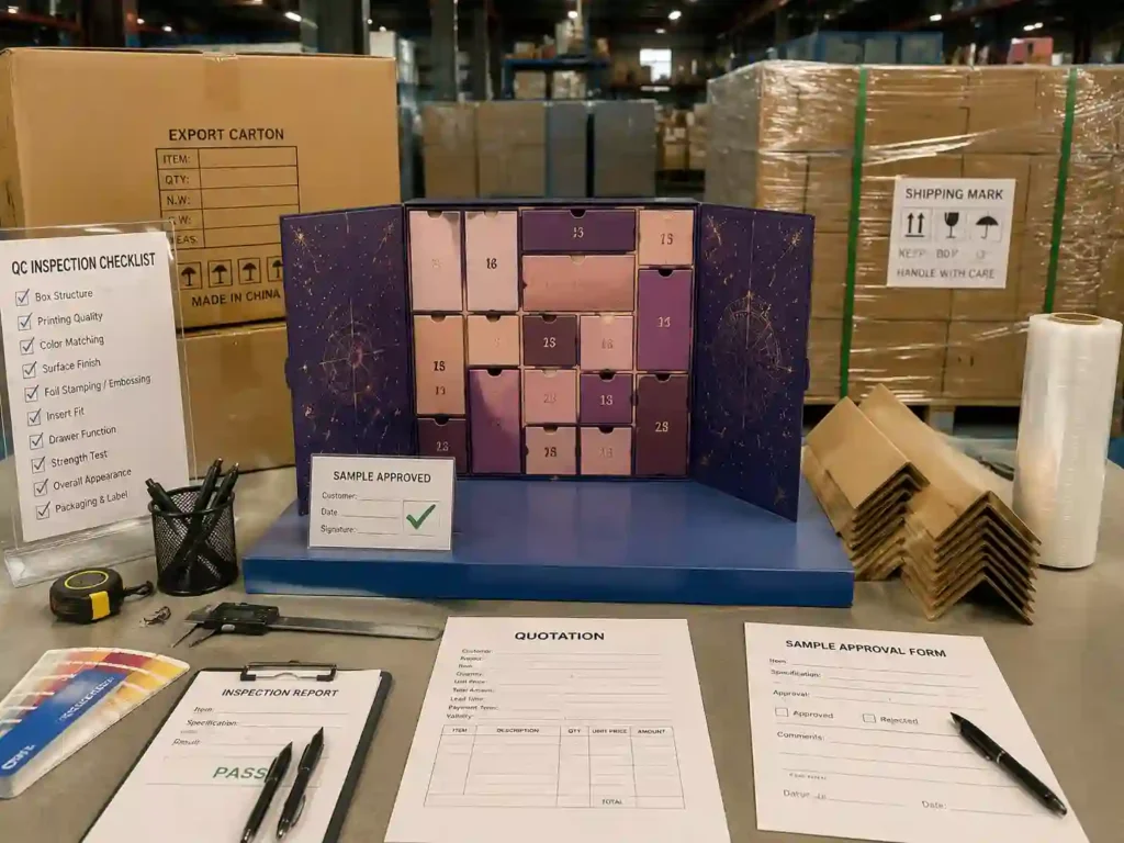 Makeup advent calendar boxes sampling process QC inspection export packing and quotation preparation