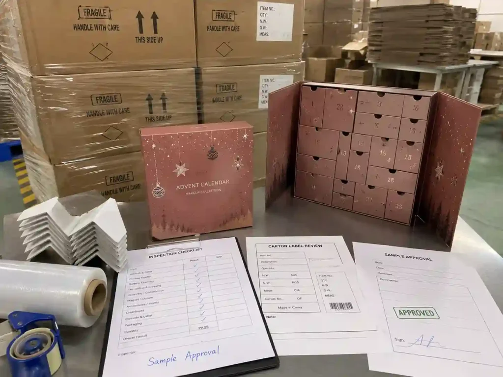 QC and export packing inspection for makeup advent calendar boxes with cartons, pallet wrap, and shipping marks