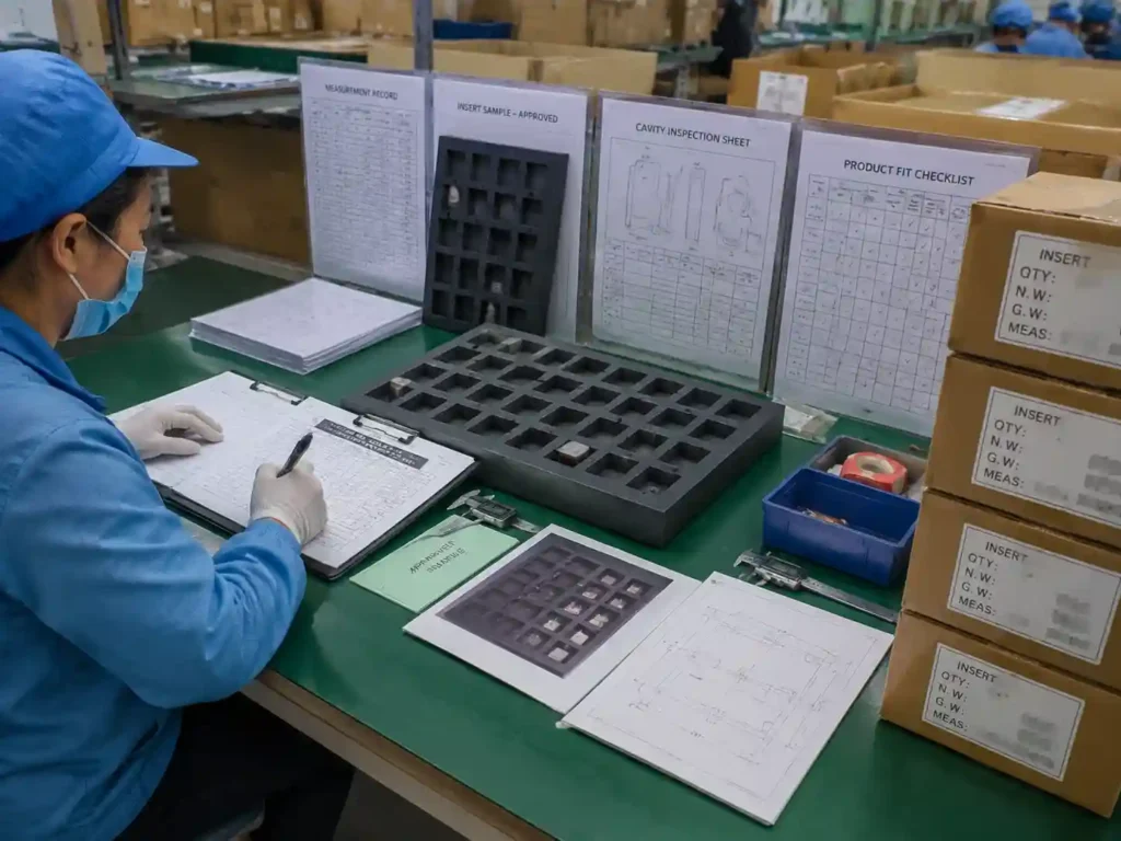 Quality control staff verifying advent calendar insert measurements with inspection records and approved samples