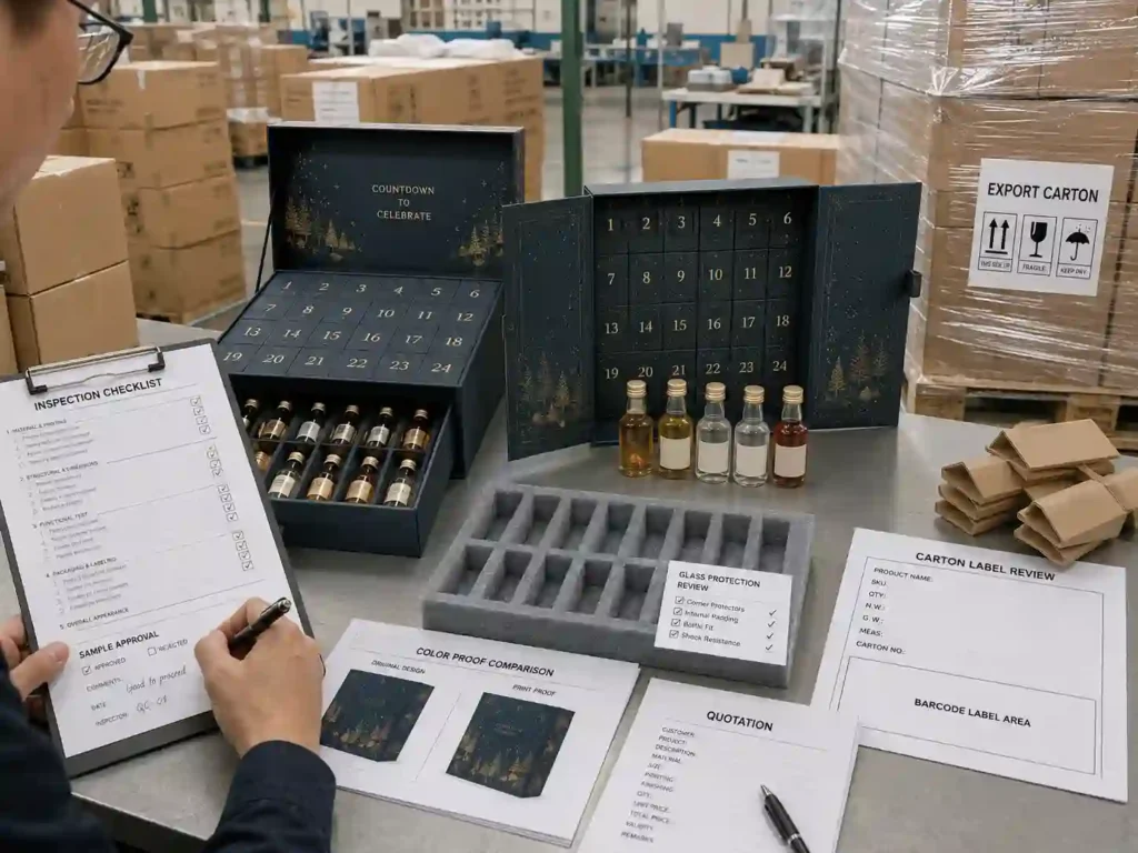 QC and export packing review for mini bottle advent calendar boxes with cartons, pallet wrap, and inspection checklist