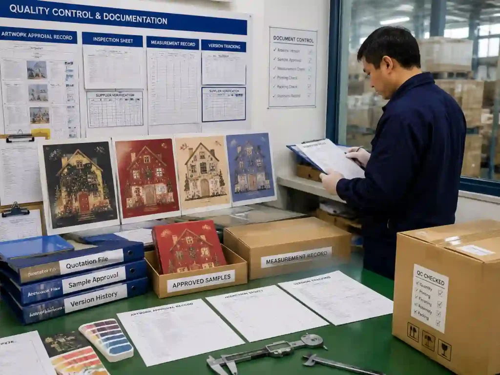 Quality control staff verifying artwork version records, packaging samples, and supplier documentation before production
