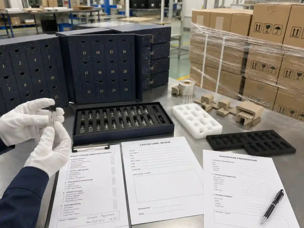 QC and export packing inspection for perfume sample advent calendar boxes with cartons, labels, and pallet protection