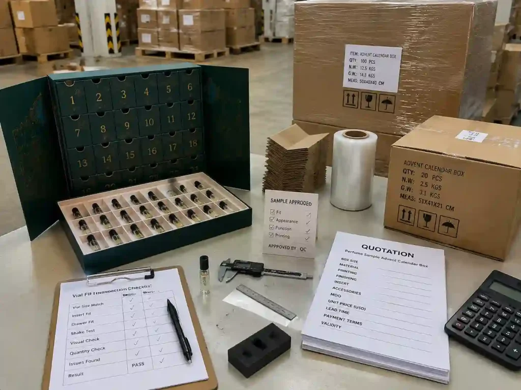 QC and export packing preparation for perfume sample advent calendar boxes with inspection documents