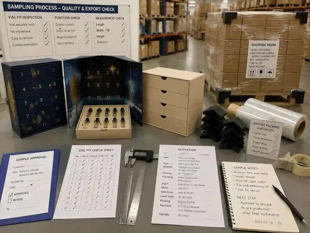 Quality control and export packing inspection for perfume sample advent calendar boxes before mass production