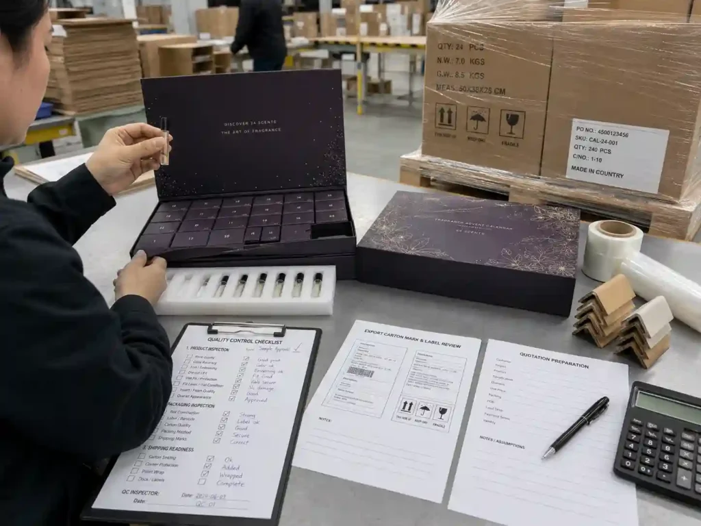 QC and export packing review for perfume sample advent calendar boxes with cartons and shipping marks