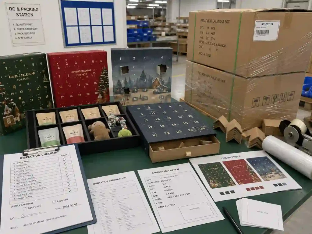 QC and export packing inspection for pet product advent calendar boxes with cartons, pallet wrap, shipping marks, and checklist