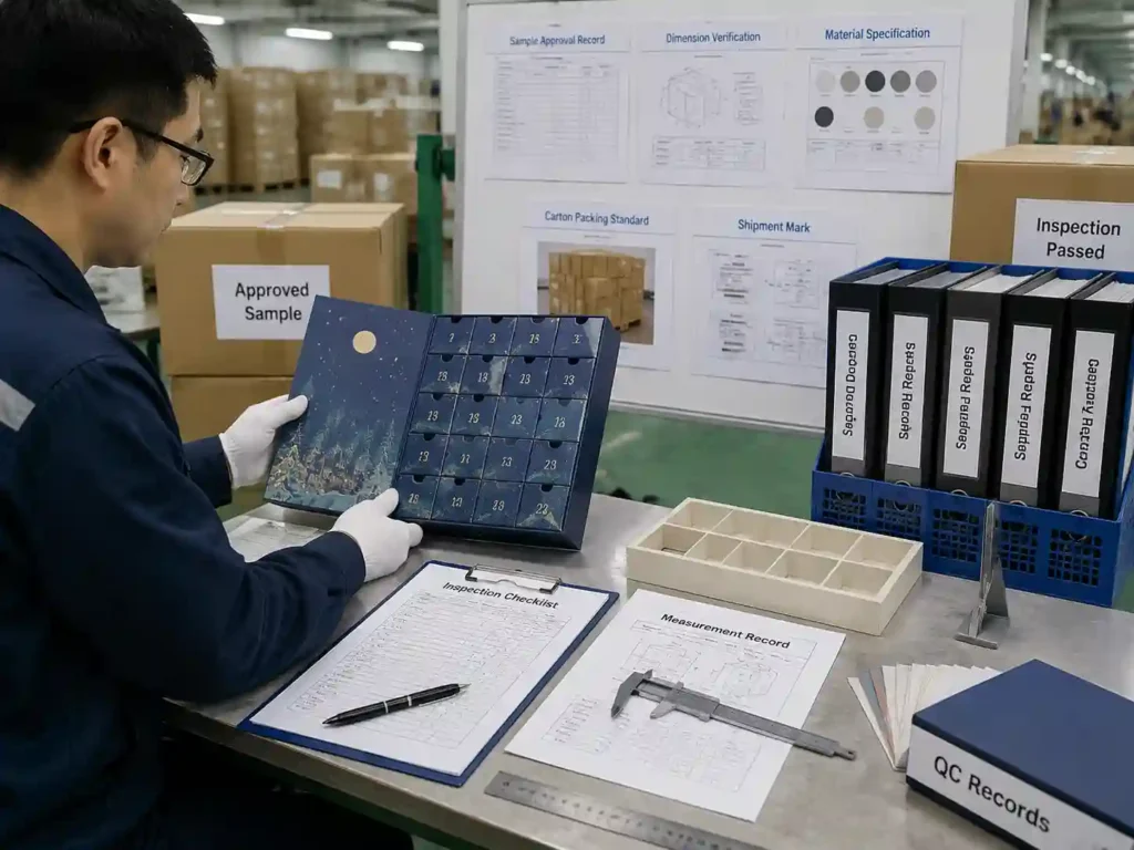Quality control documentation and specification verification for advent calendar box production