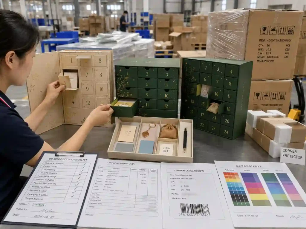 QC and export packing scene for promotional gift advent calendar boxes with inspection notes and cartons.