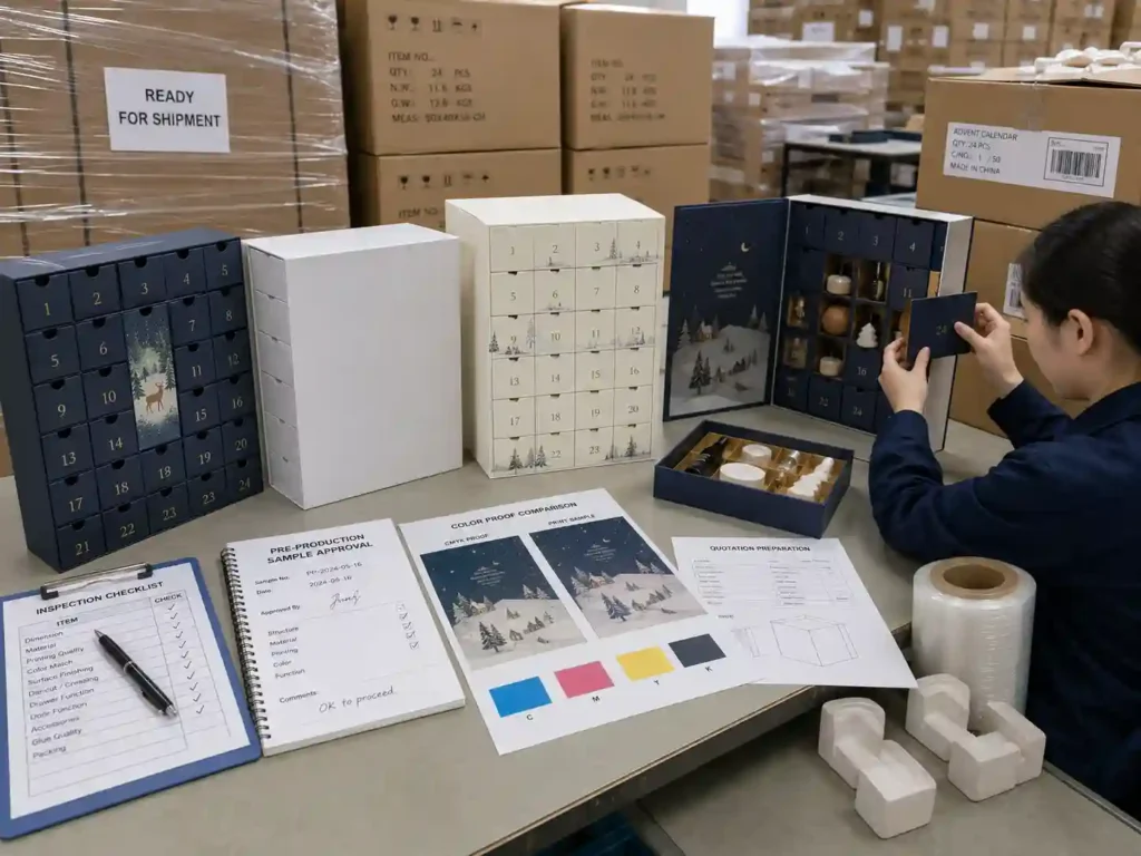 QC and export packing scene for retail advent calendar boxes with sample approval notes, inspection checklist, cartons, pallet wrap, and quotation documents