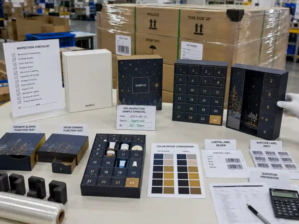 QC and export packing setup for retail advent calendar boxes with inspection checklist, samples, cartons, pallet wrap, and shipping marks