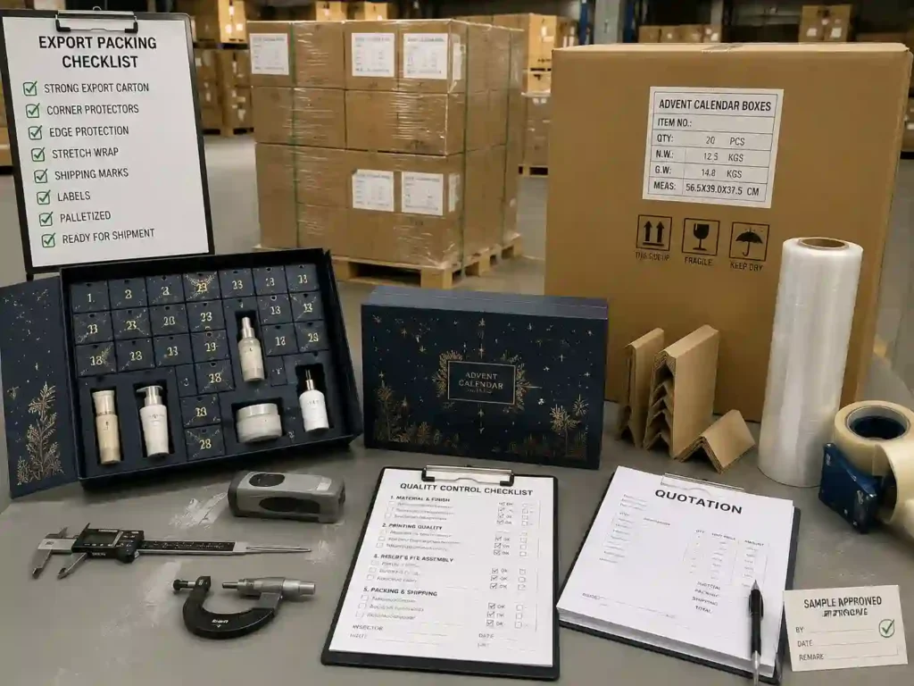 QC inspection and export packing preparation for skincare advent calendar boxes
