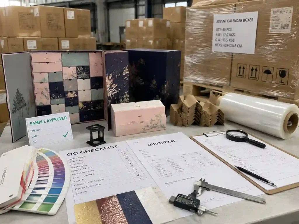 QC inspection and export packing preparation for printed skincare advent calendar boxes before shipment