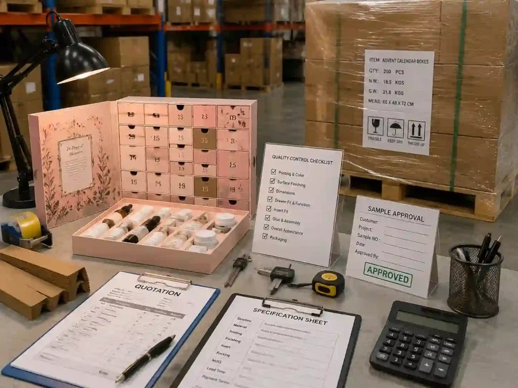 Quality control and export packing inspection for skincare advent calendar boxes including samples, cartons, checklist, and shipping preparation