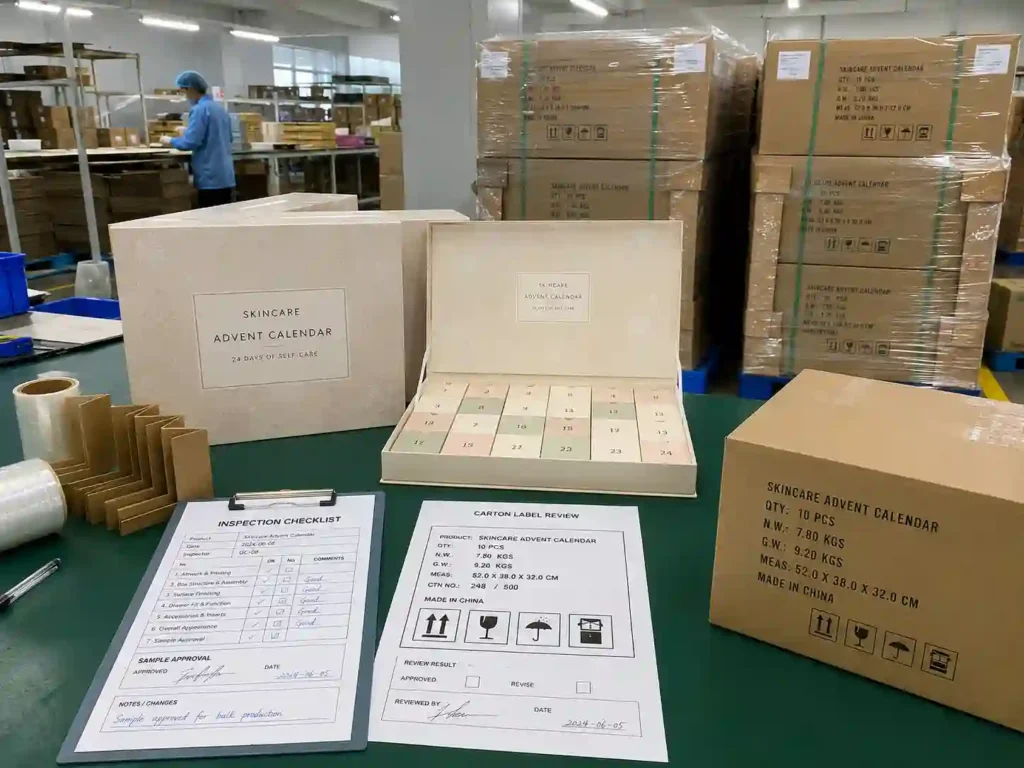 QC and export packing setup for skincare advent calendar boxes with inspection checklist, cartons, corner protectors, pallet wrap, and shipping marks