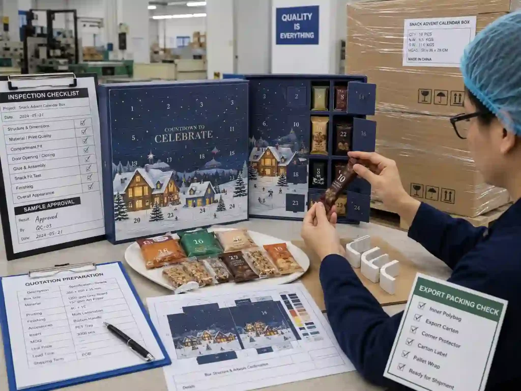QC and export packing review for snack advent calendar boxes with cartons shipping marks and inspection checklist