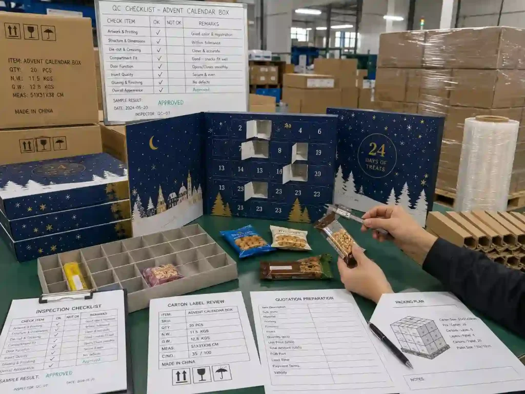 QC and export packing review for snack advent calendar boxes with cartons, shipping marks, and inspection checklist