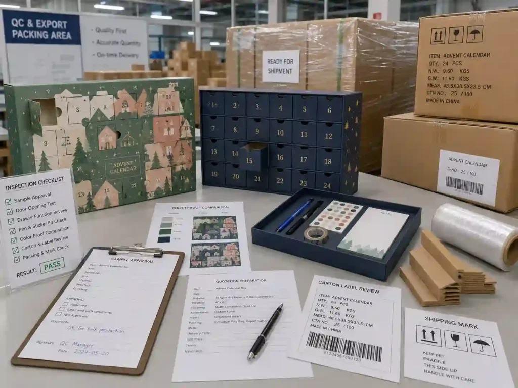 QC and export packing review for stationery advent calendar boxes with cartons, labels, and sample approval checklist.