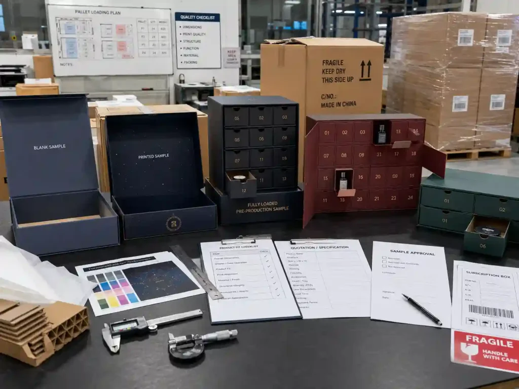 Quality inspection and export packing of subscription advent calendar boxes with approved production samples