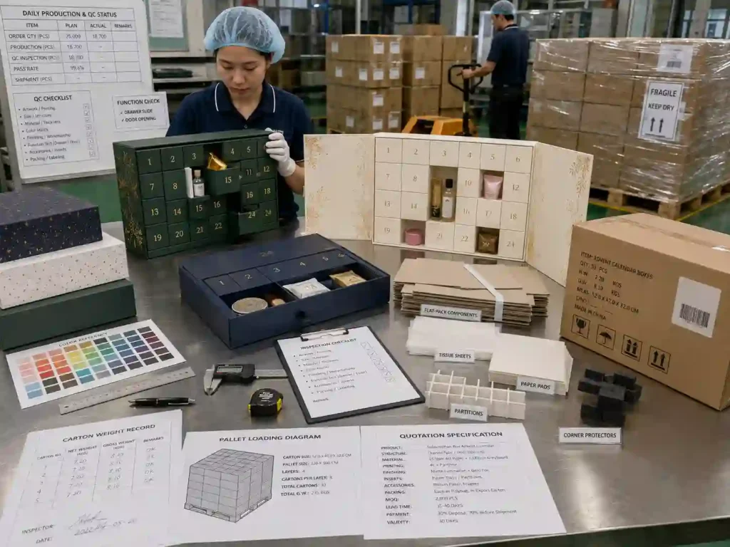 QC inspection, export cartons, shipping marks, and palletizing for subscription advent calendar boxes
