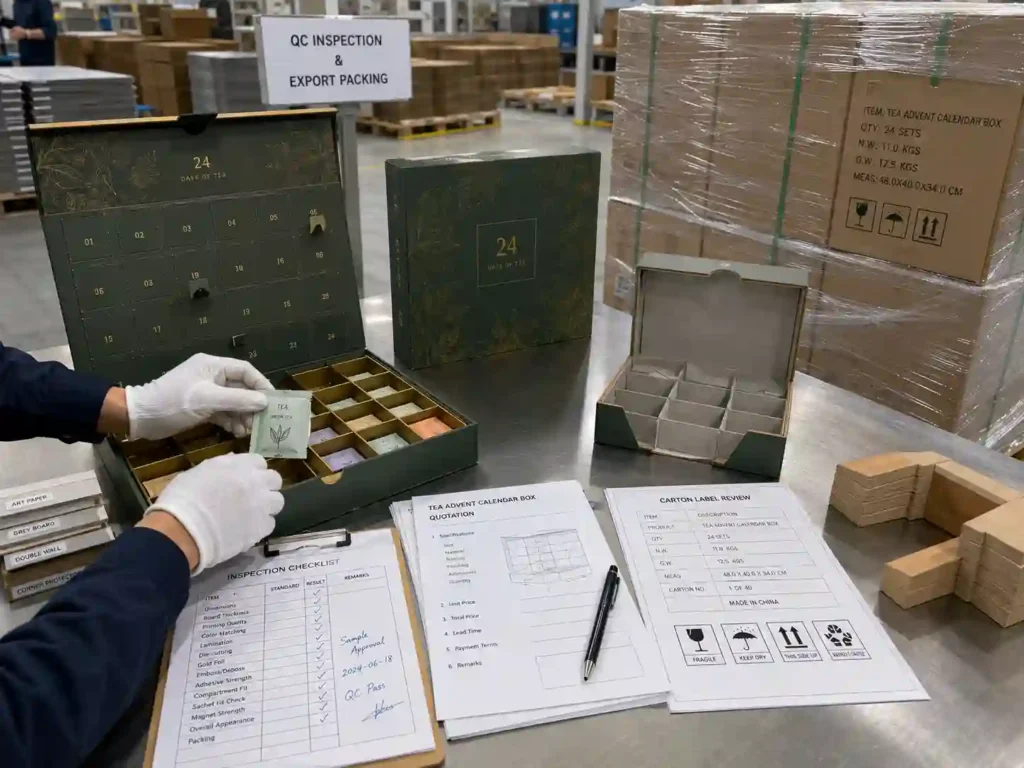 QC and export packing inspection for custom tea advent calendar boxes with cartons, pallet wrap, shipping marks, and quotation documents