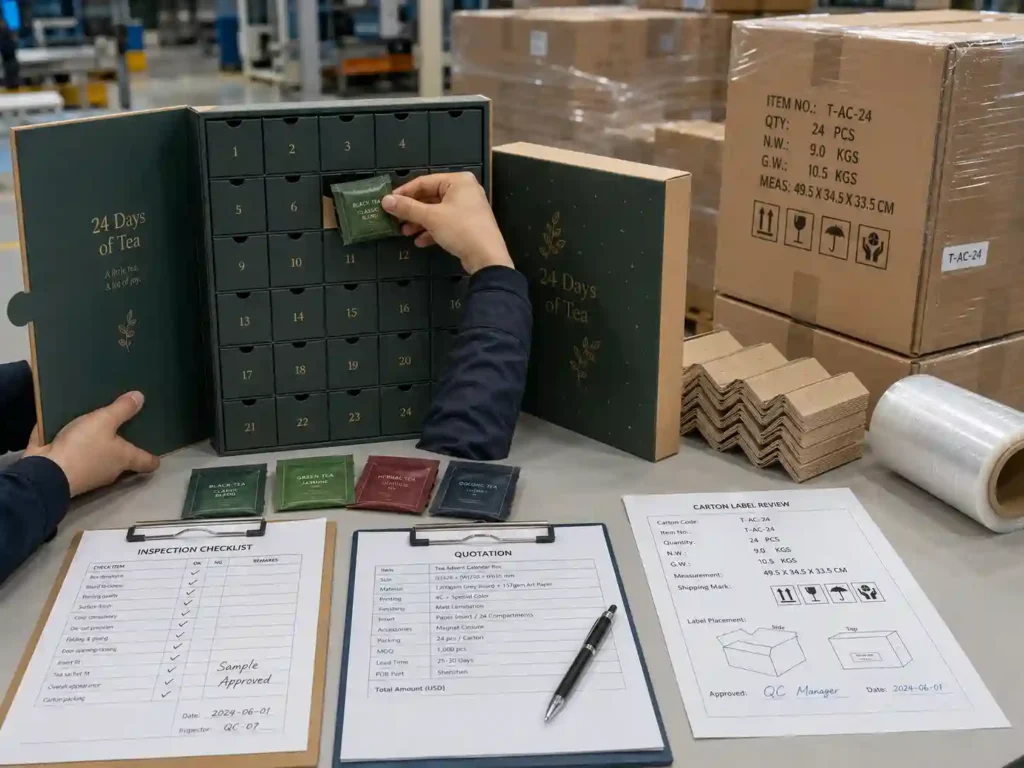 QC and export packing review for tea advent calendar boxes with inspection checklist, cartons, pallet wrap, and quote documents