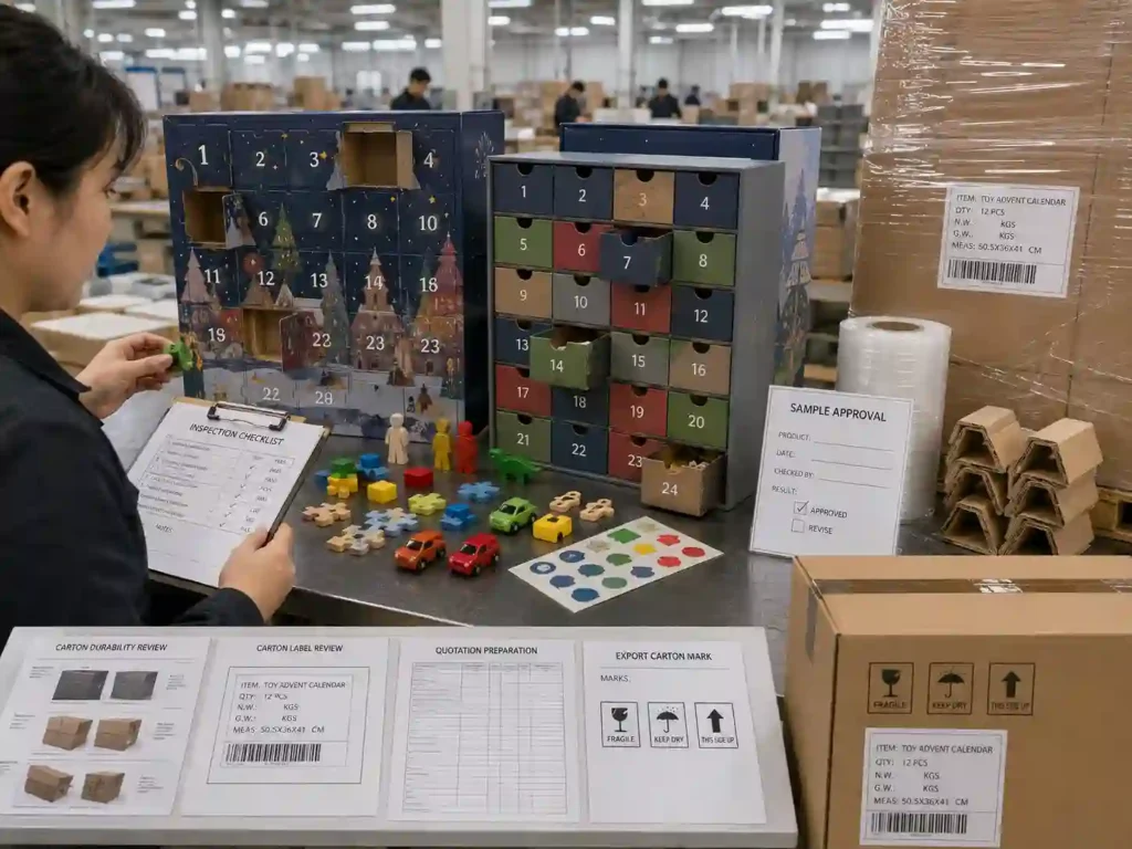 QC and export packing review for toy advent calendar boxes with cartons and shipping marks